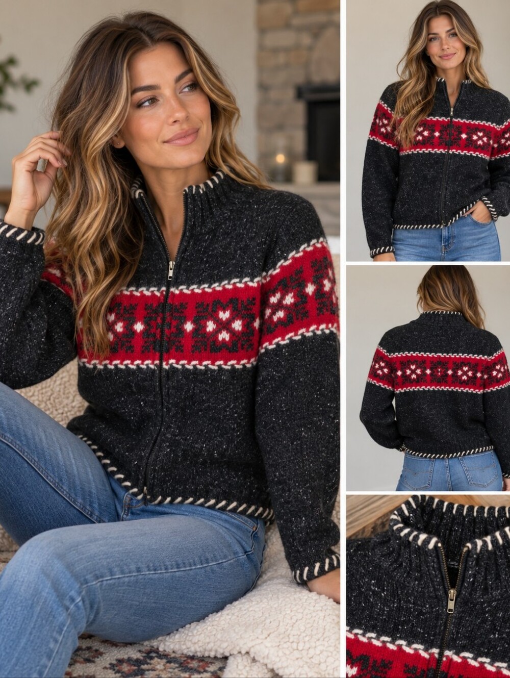 Women's Vintage Deane & White Fair Isle Zip Up Sweater 2X